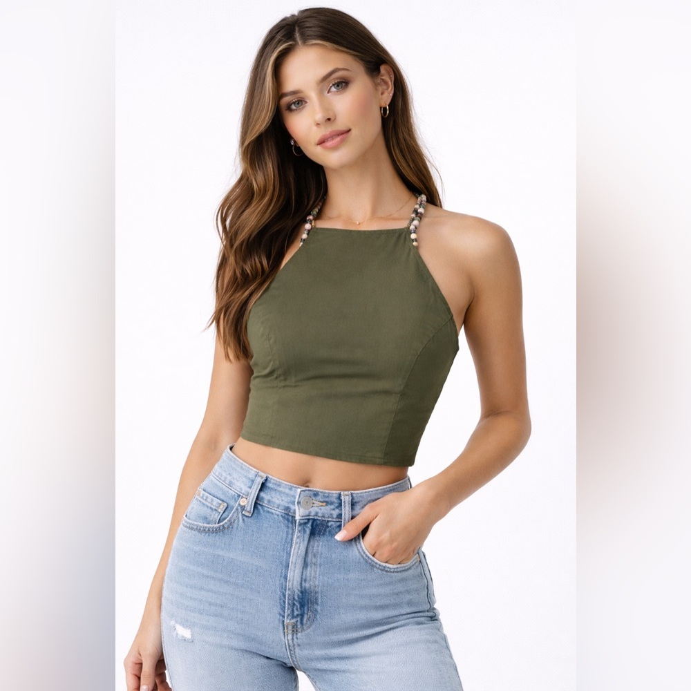 House of Harlow 1960 Olive Beaded Strap Halter Top | Size M